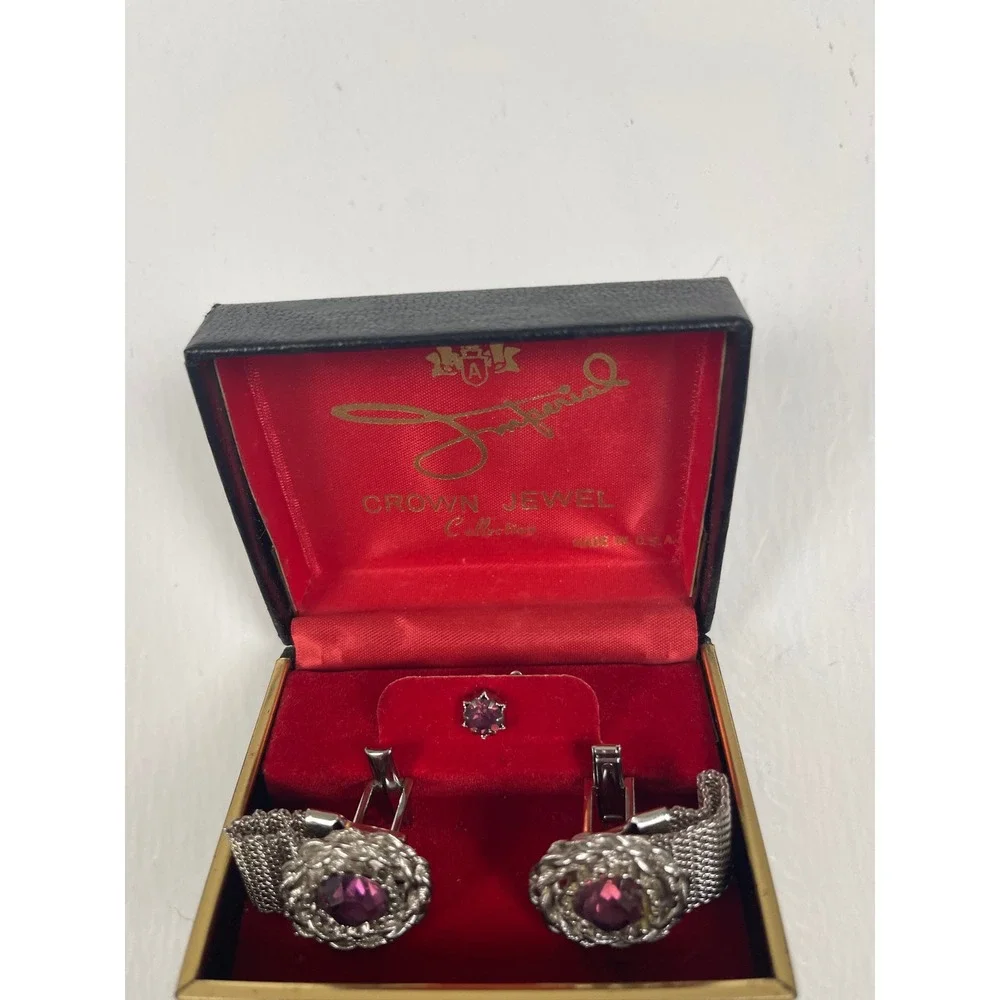 Vintage Imperial Crown Jewel Collection Purple Rhinestone Mesh Cufflink Set